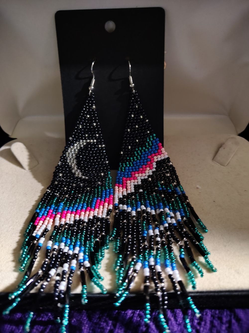 🔥🔥New Boho Starry Night Moon Beaded Fringe Earrings Green Ombre Gradient Long